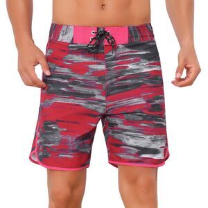 Summer Drawstring Elastic Waist Color Block Beach Shorts Dark Red